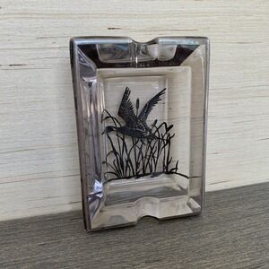 Vintage Lead Glass Metallic Overlay Flying Duck Ashtray with Marsh Scene - Flaw